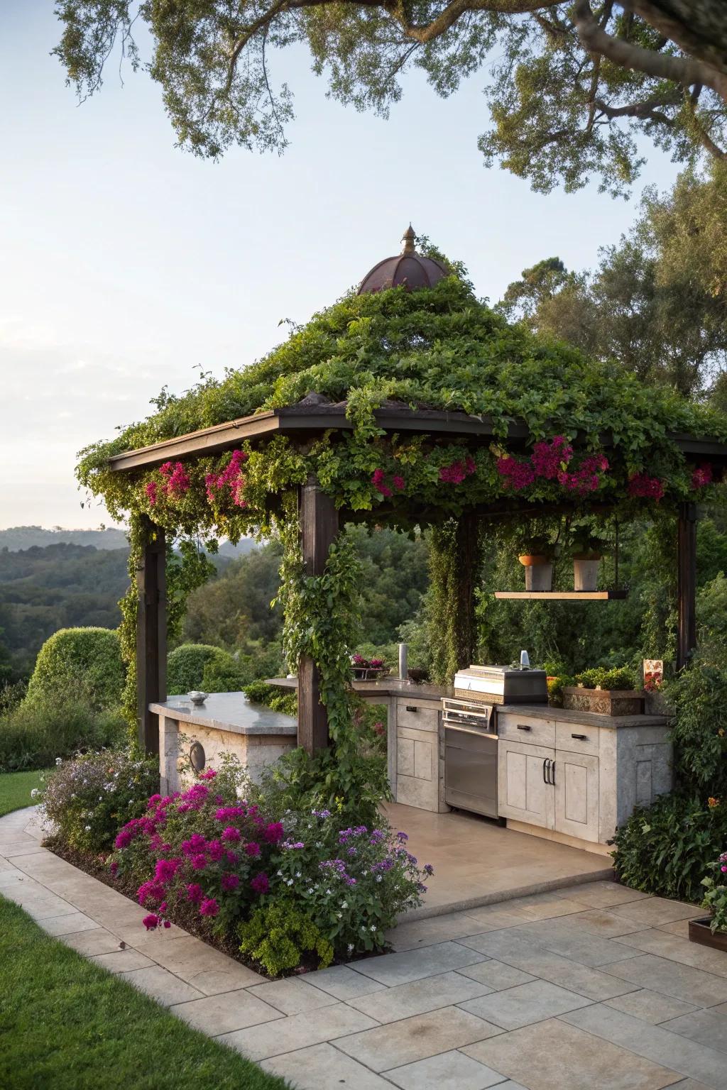Design a revitalizing retreat with a verdant foliage pavilion.