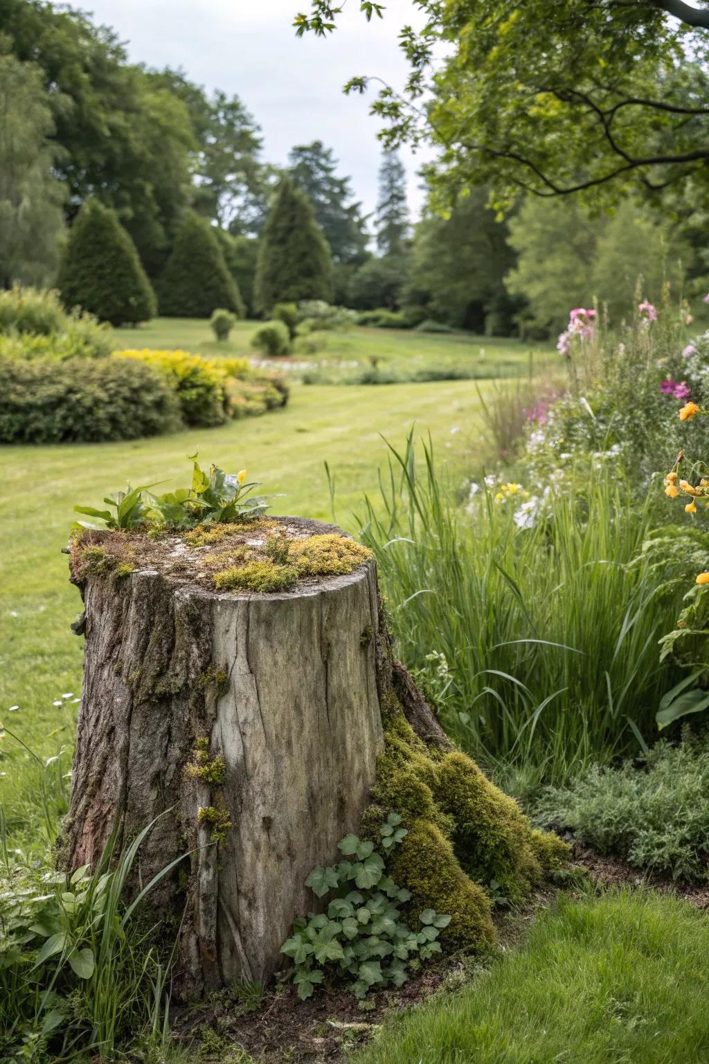 A natural stump carving emphasizes the beauty of simplicity.