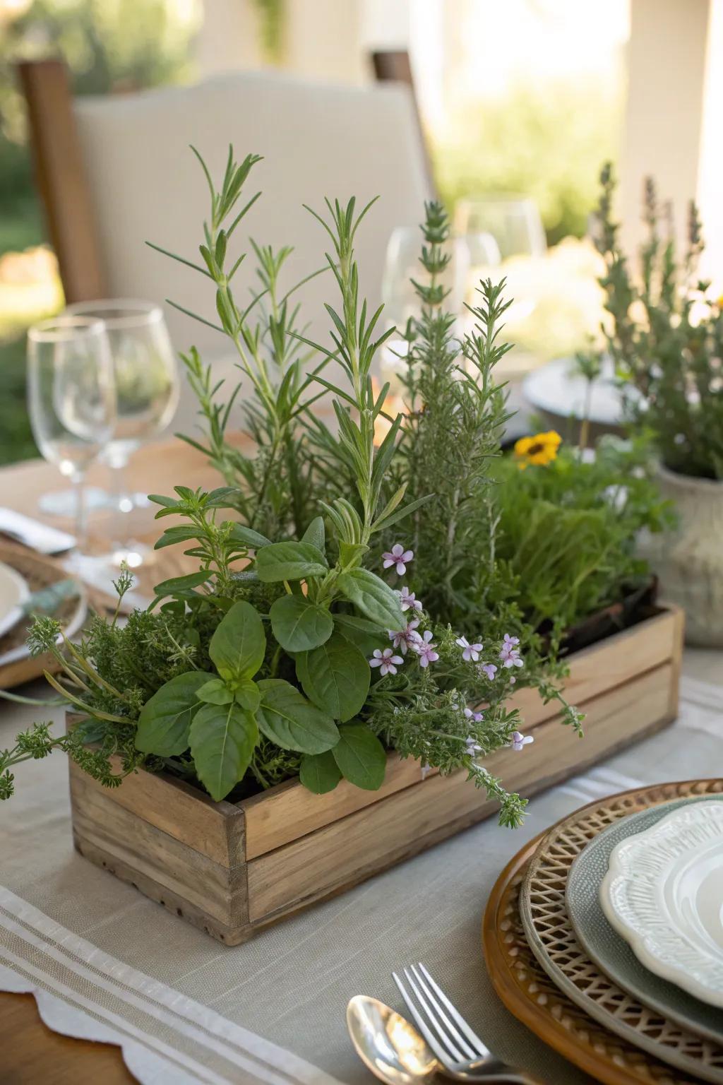 A garden-inspired centerpiece using fresh herbs.
