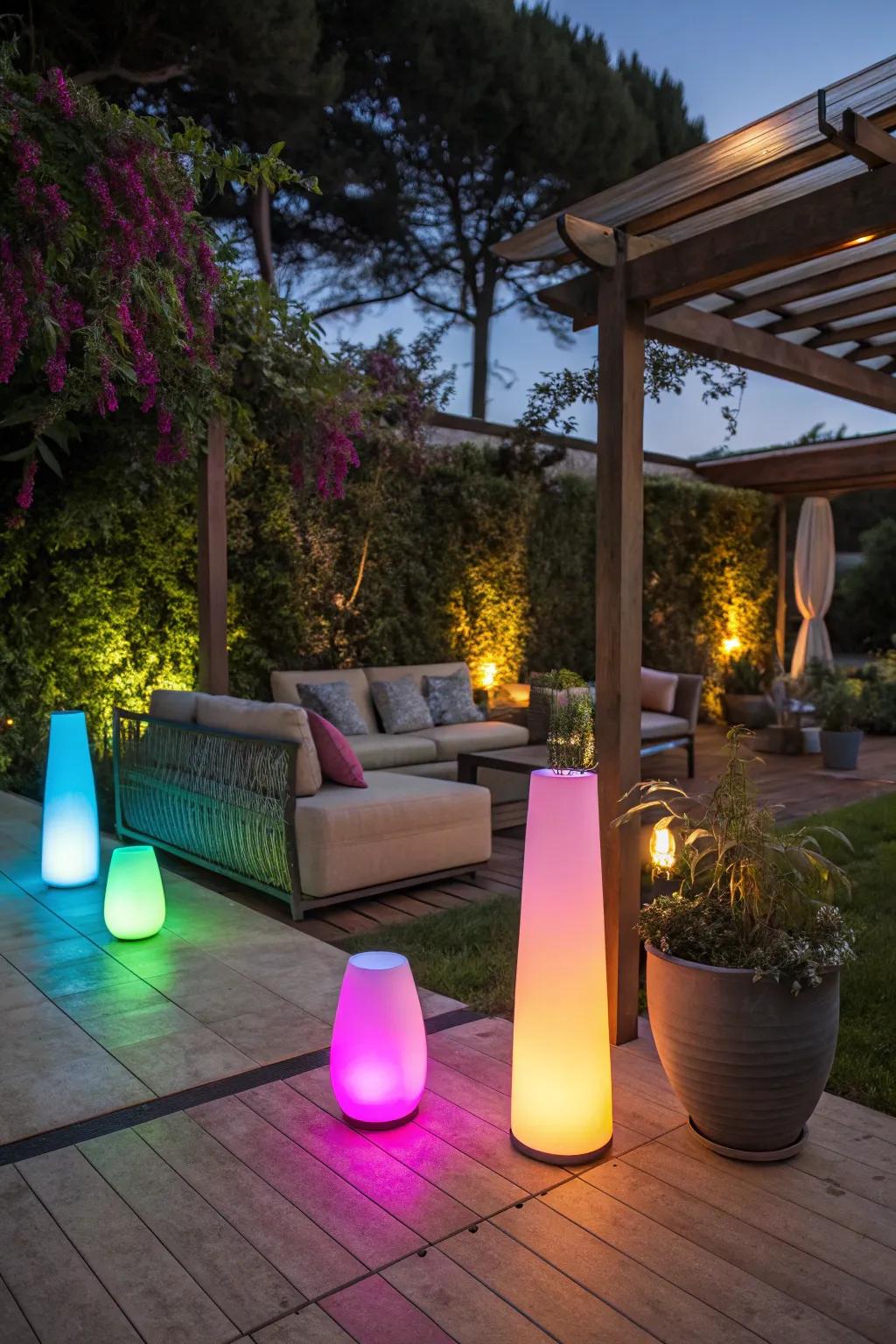 Hue-alternating diodes proffer a dynamic and jocund illumination option for your patio.