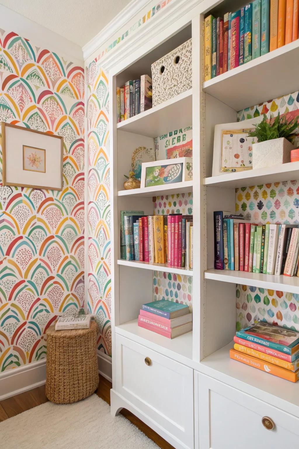 Transform your libraries into an artistic display through creative wallpaper.