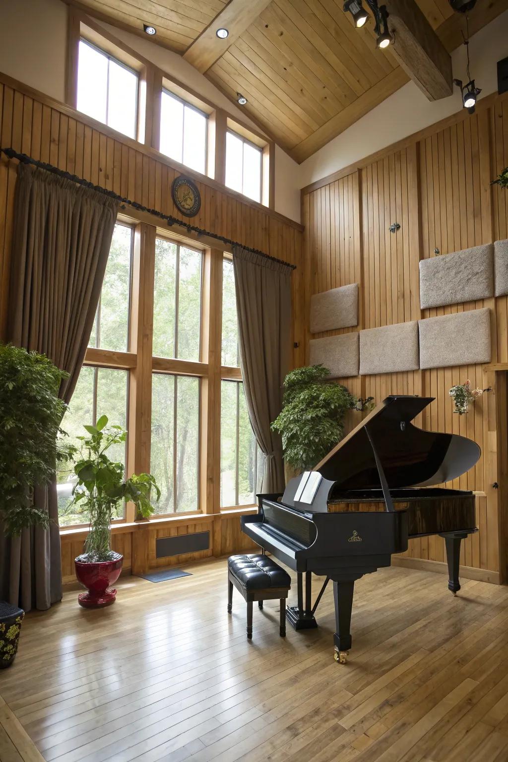 Designing for acoustics enhances the sound quality in the piano room.