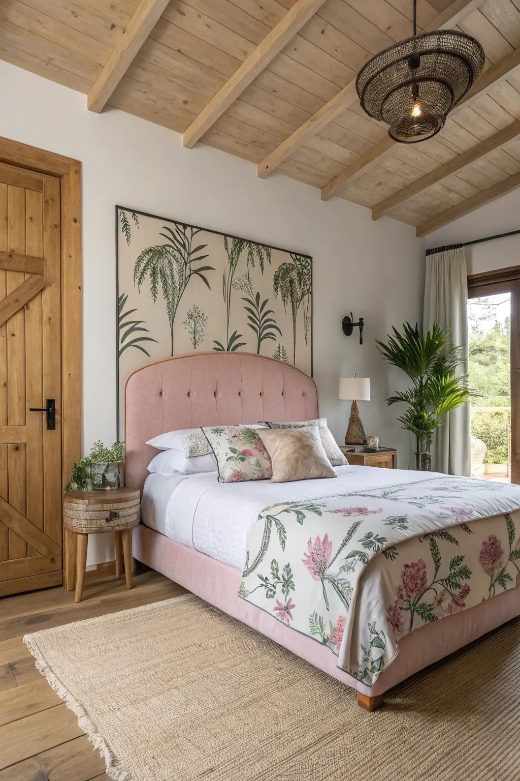 A revitalizing and serene space featuring a pink botanical print headboard.