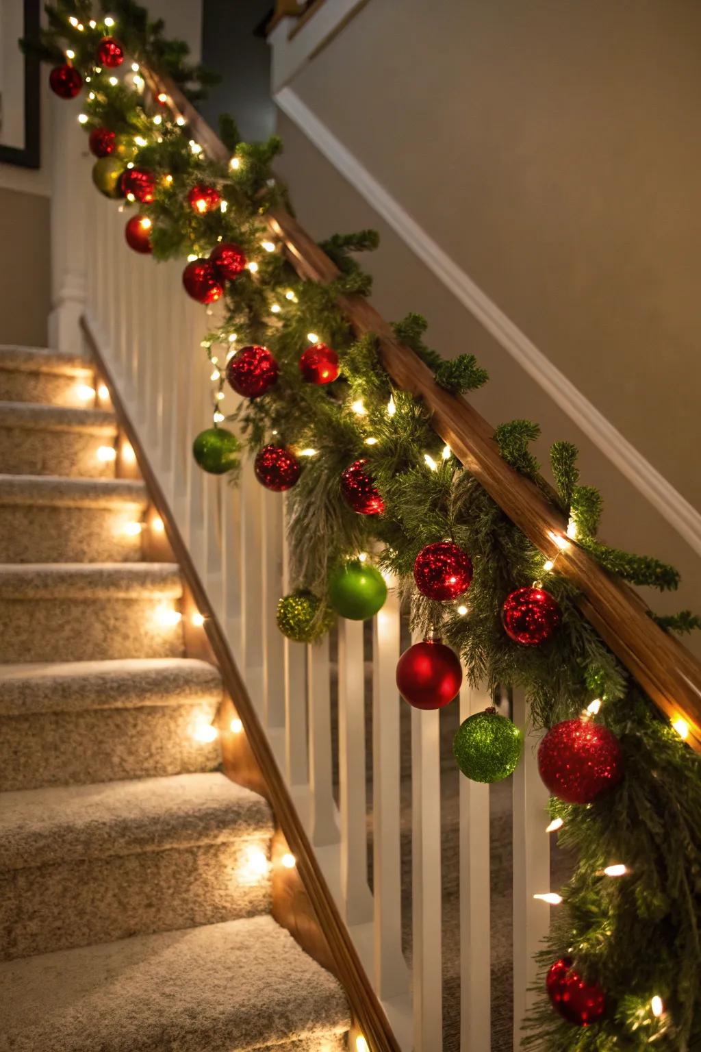 Style your staircase using vegetation for a breathtaking holiday entrance.
