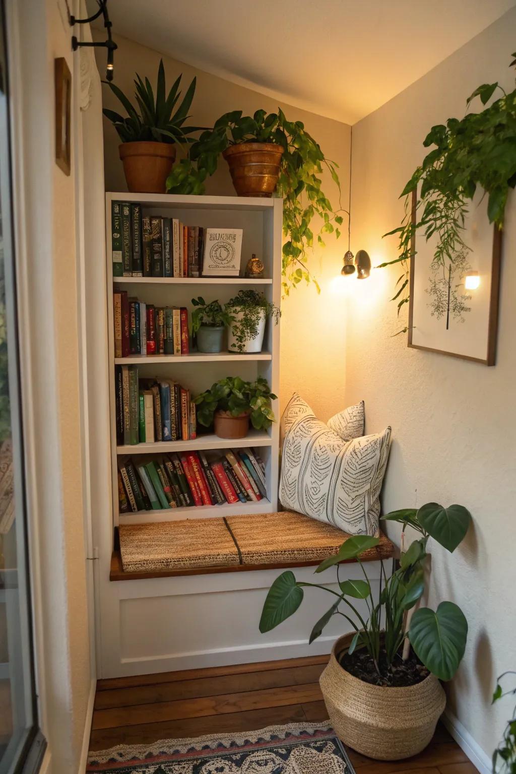 A literary alcove complemented by verdant features.