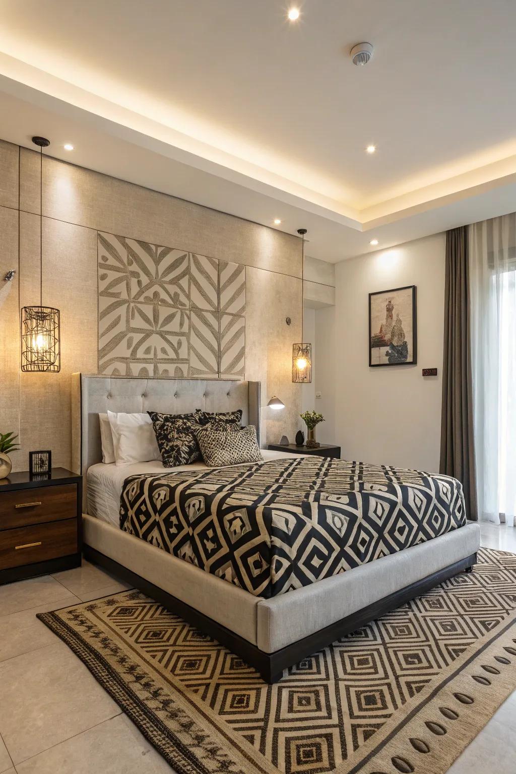 Patterns add an artistic touch to platform beds.