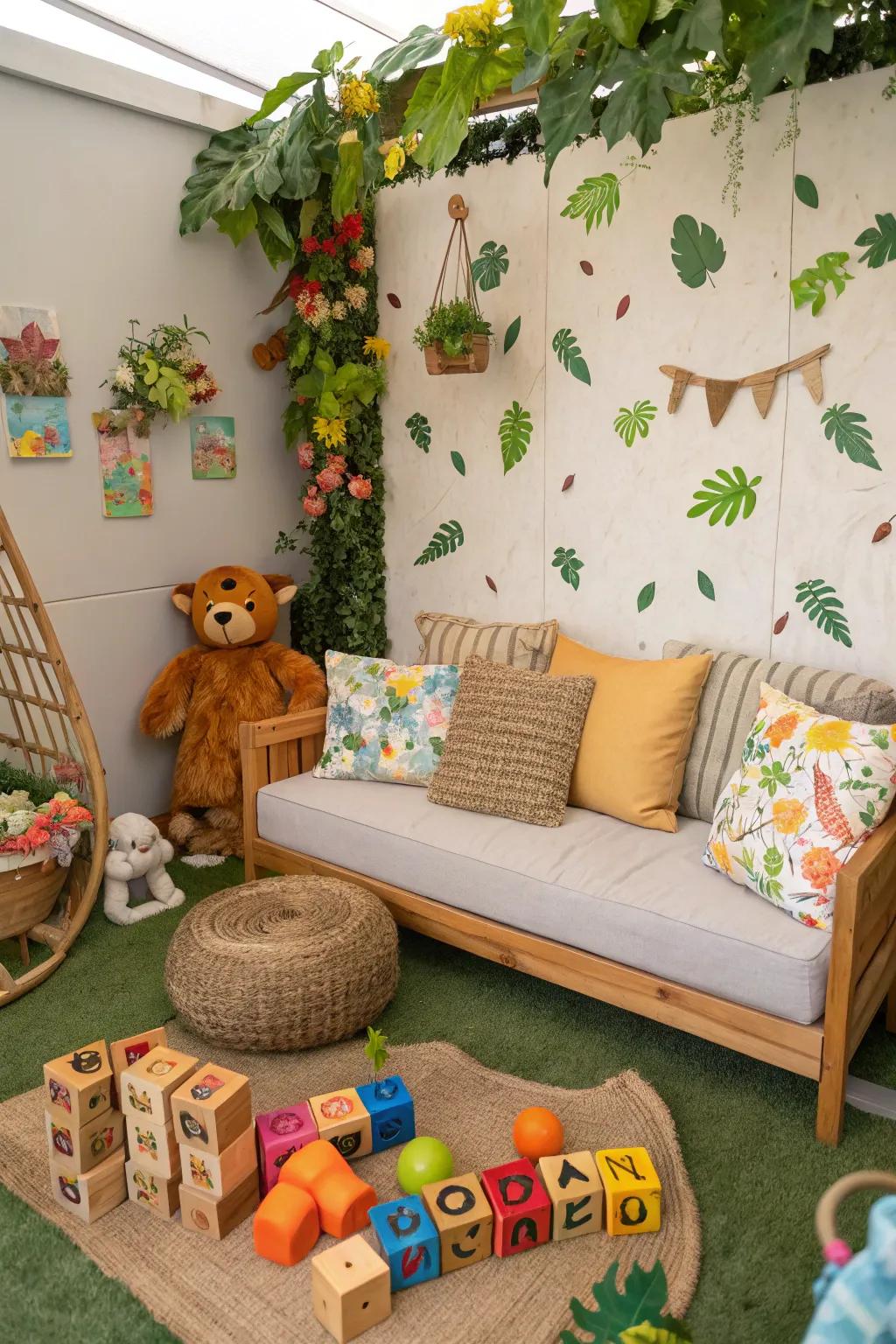 A refreshing playroom showcases an outdoor-inspired seating arrangement.