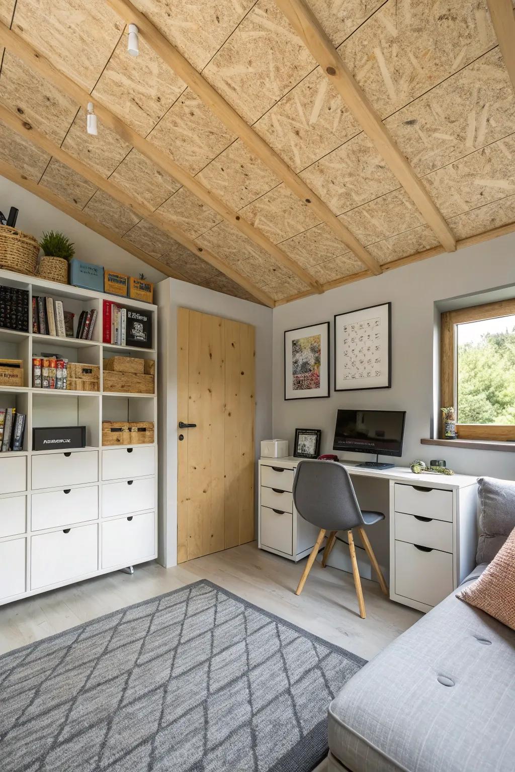 A room where hidden storage in the plywood roof maximizes space efficiently.