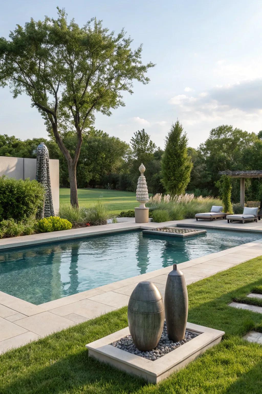 A backyard pool augmented with elegant artistic figures.