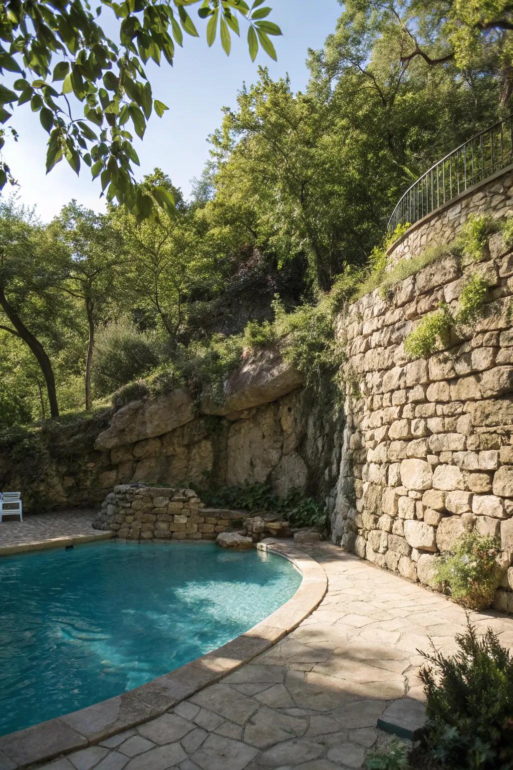 An organic rock wall appends rugged splendor and privacy.
