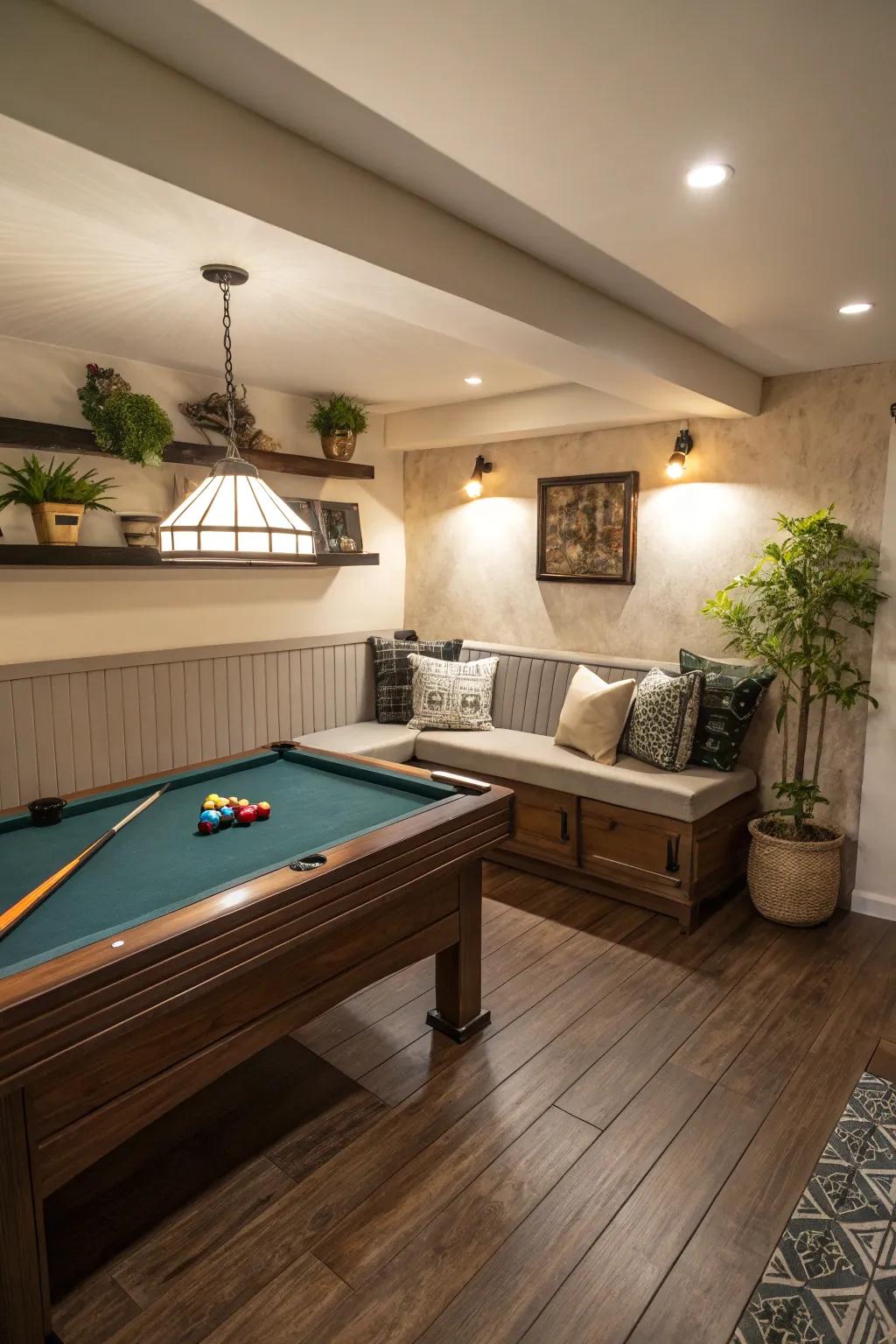 Integrated seating maximizes area and comfort in a small pool table room.