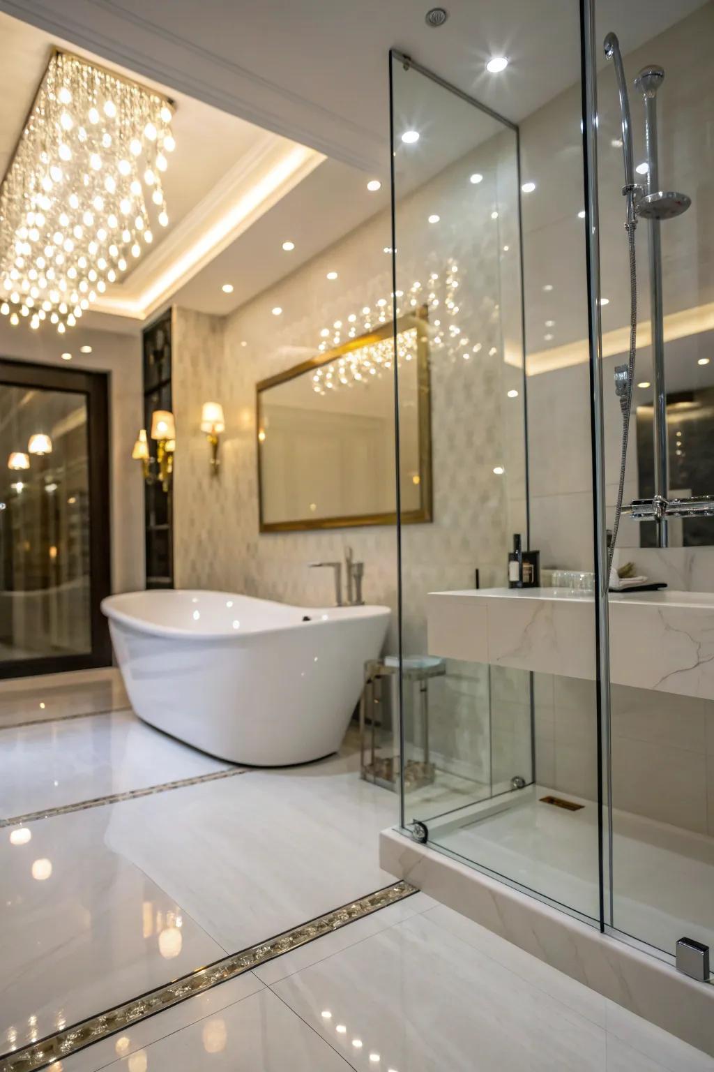 Polished finish squares infuse allure and openness into this elegant washroom.