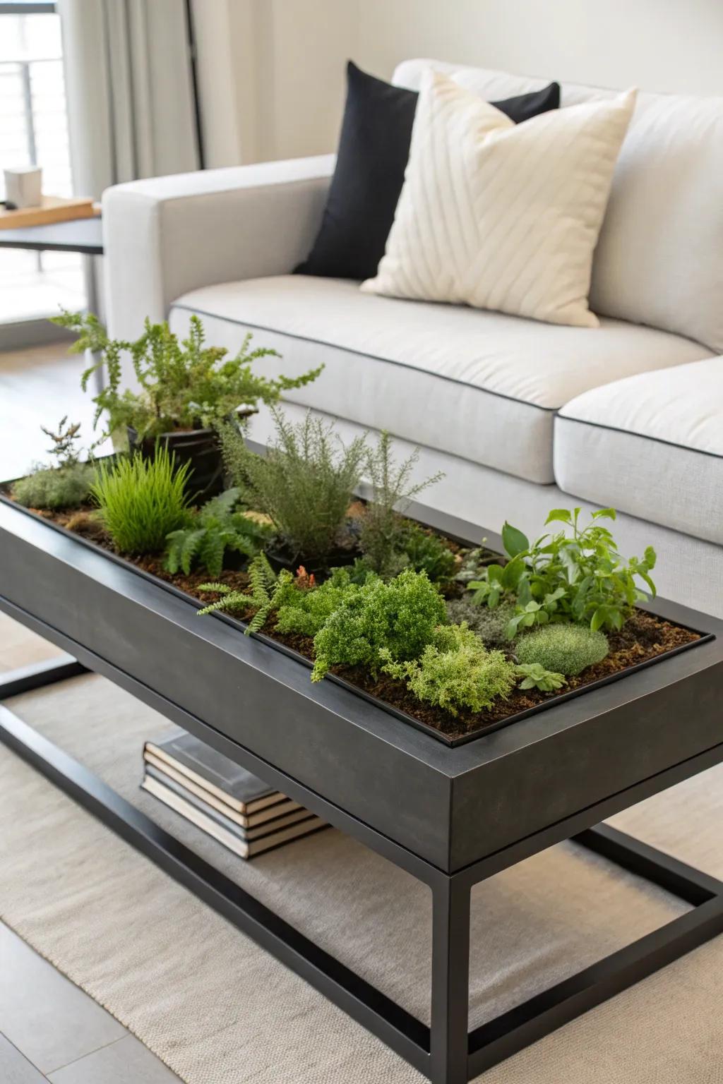 Furniture incorporating integrated planters introduces a unique inflection to botanical displays.