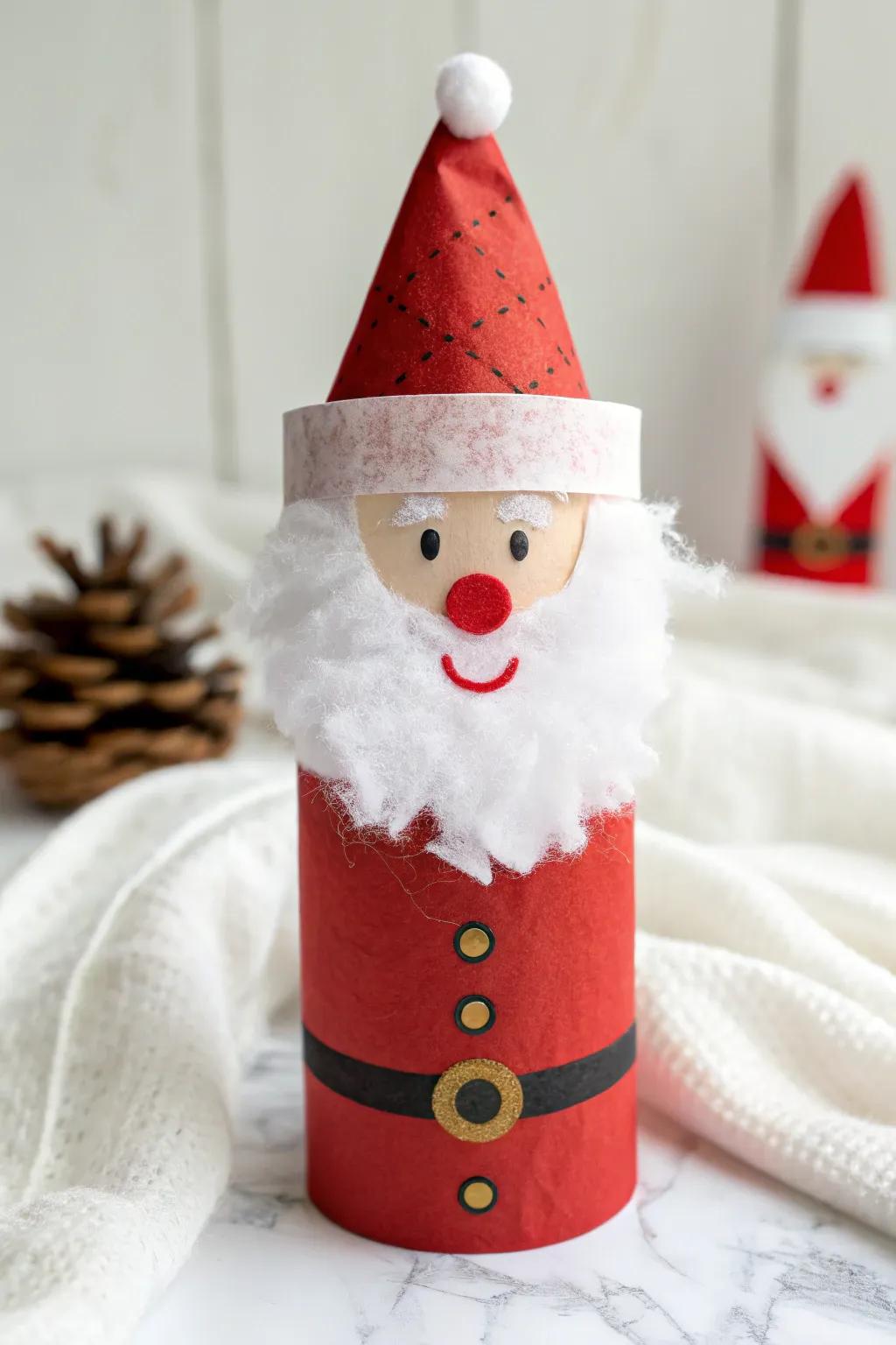 Jovial paper roll Santa Claus, imparting cheer and sustainability to holiday crafting.