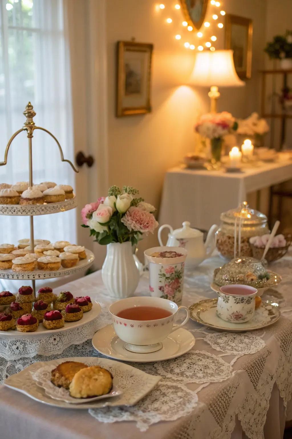 A dining room with delicate china and an array of desserts and teas.