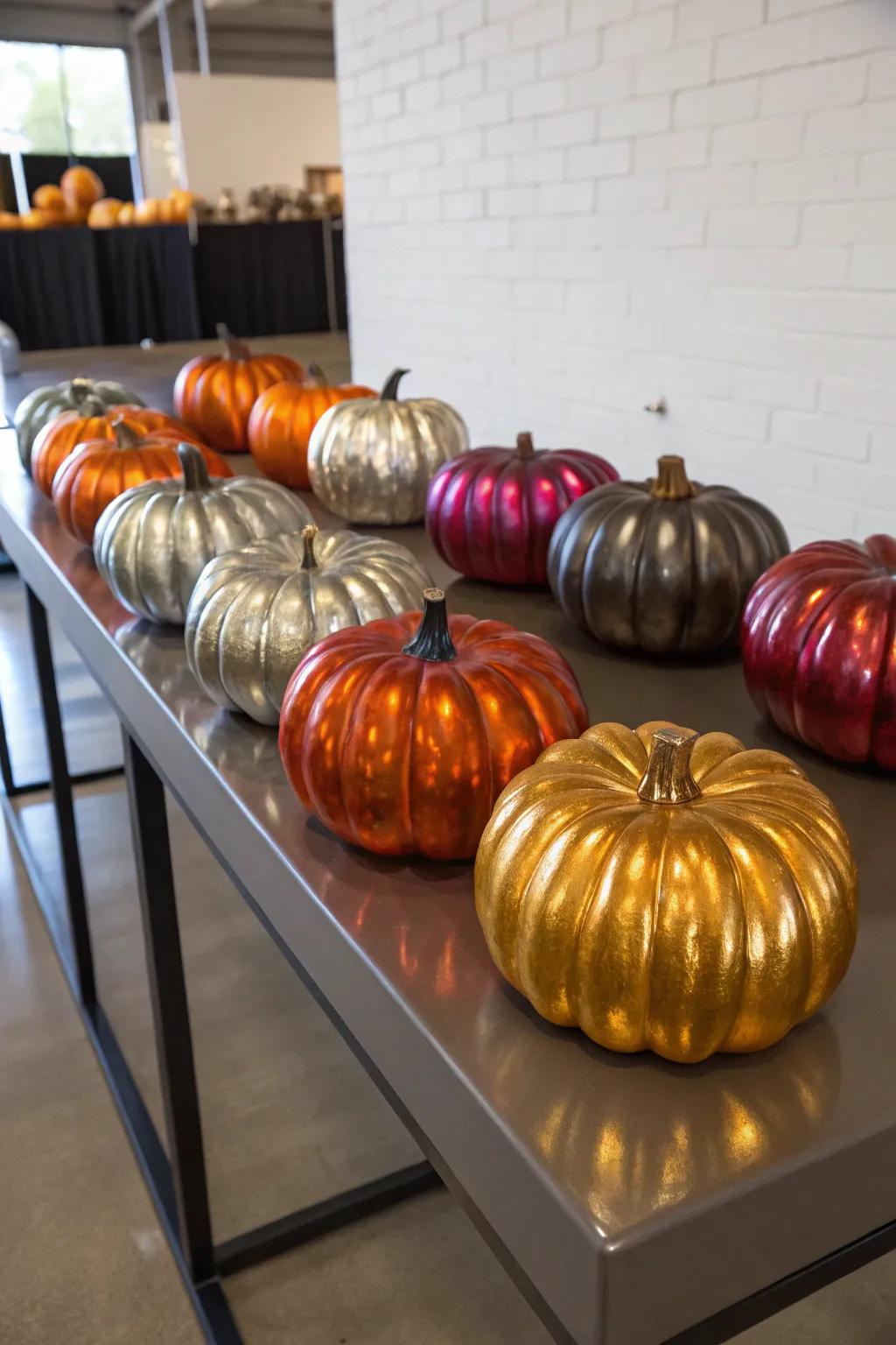 Metallic pumpkins introduce a sleek and sophisticated impression.