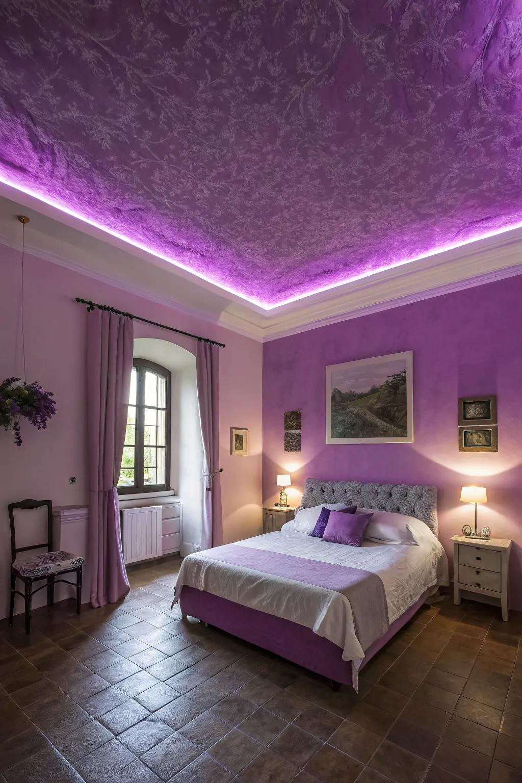 A dramatic purple ceiling enhances the overall room design.