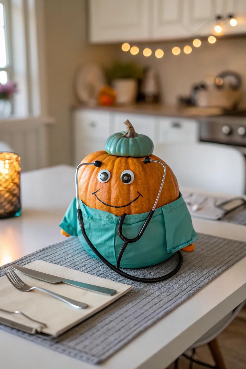 Pumpkin adorned in medico apparel for a quirky decor