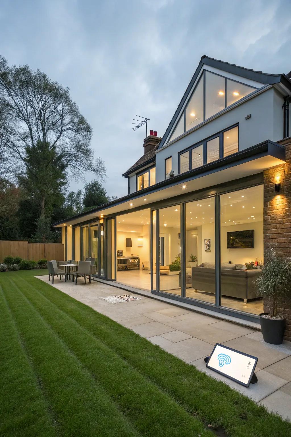 A modern rear house extension equipped with smart home technology for convenience.