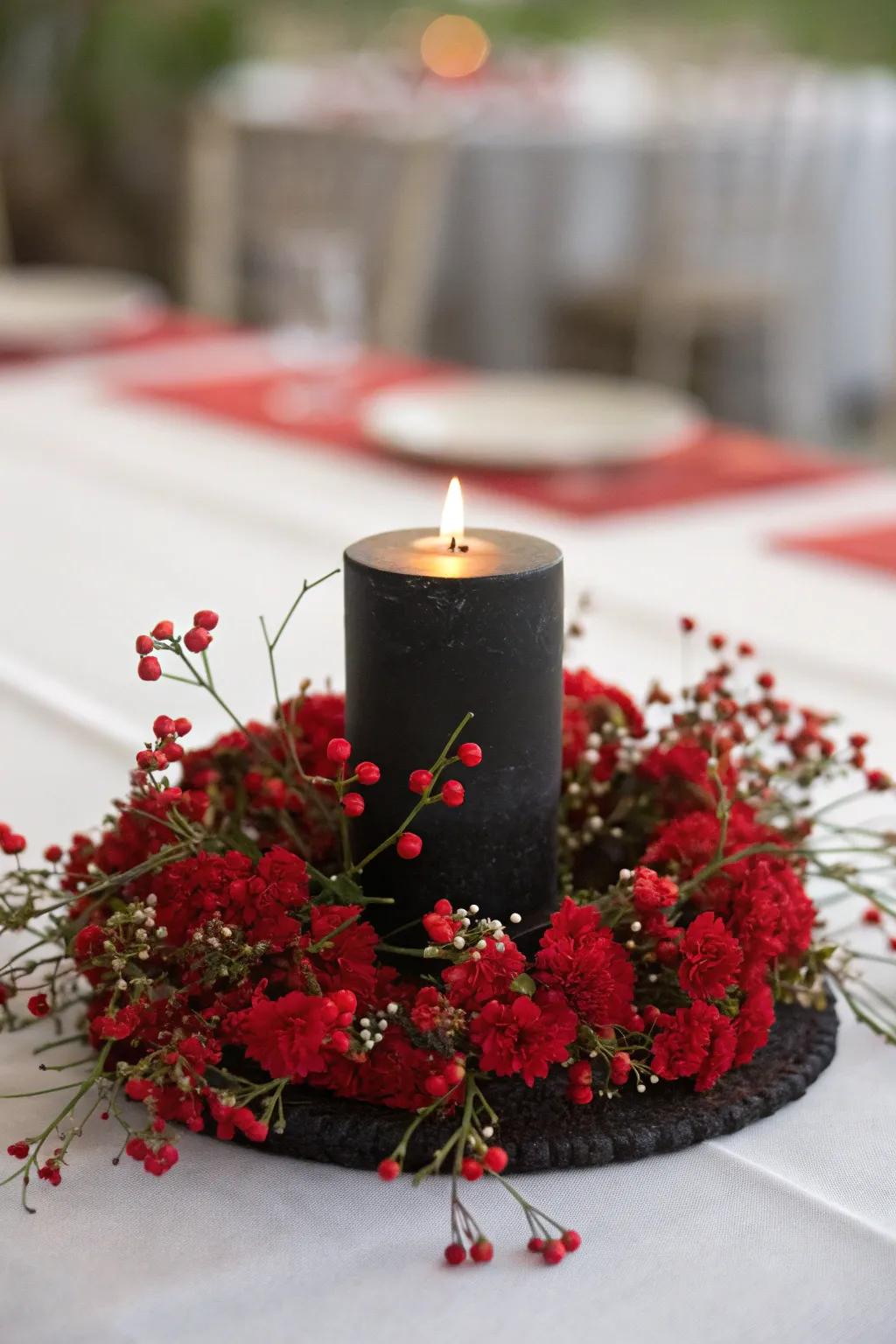 A solitary dark wax light enveloped through scarlet blooms shaped to communicate muted luxury.