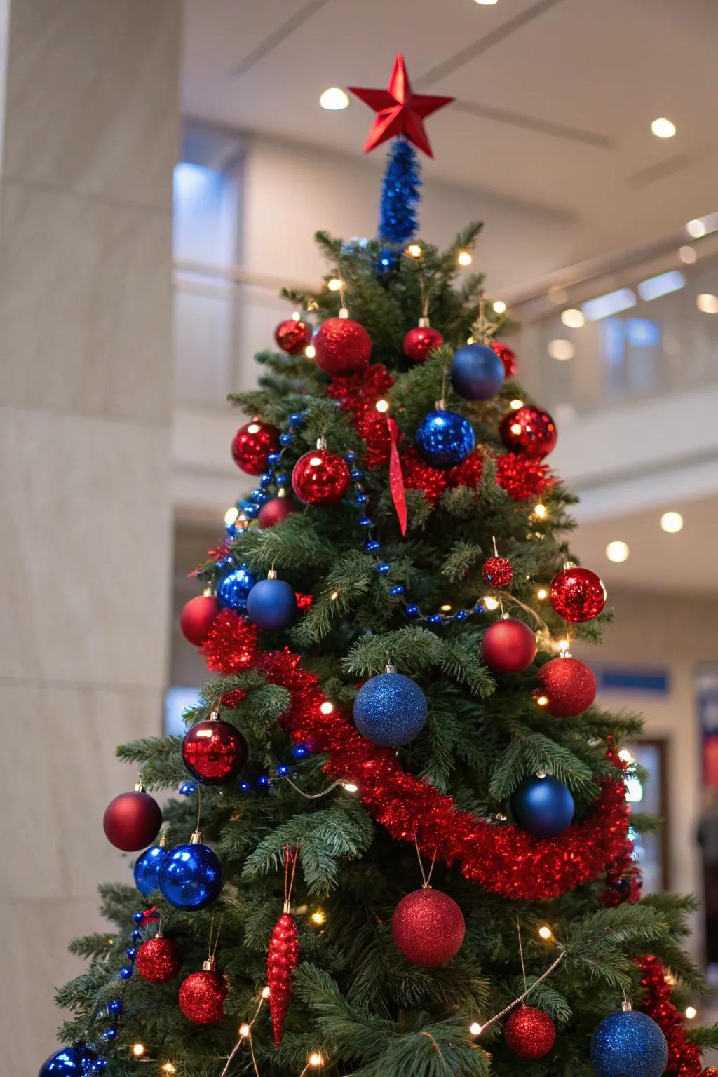 Audacious Christmas tree featuring scarlet and azure highlights