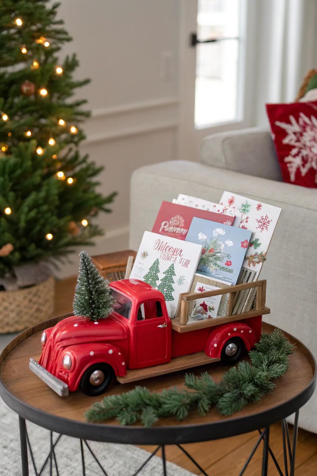 Festive crimson pickup greeting holder showcasing holiday greetings.