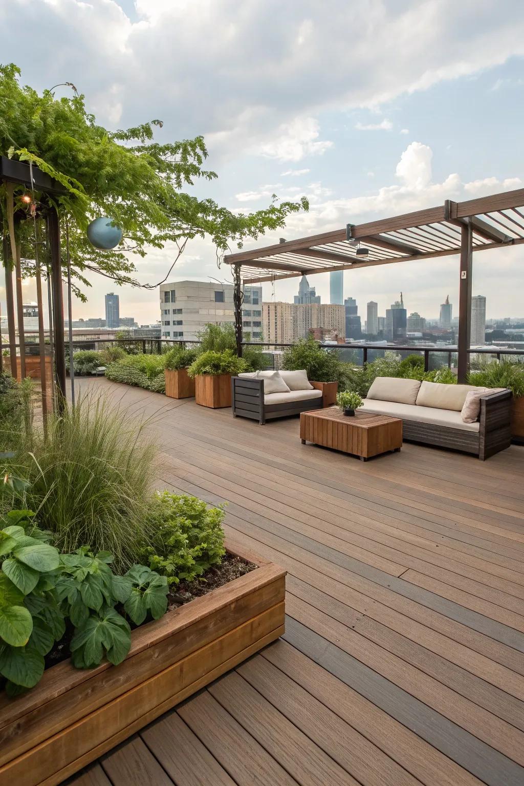 Utilize enduring elements on your rooftop deck to create an eco-friendly and timeless design.