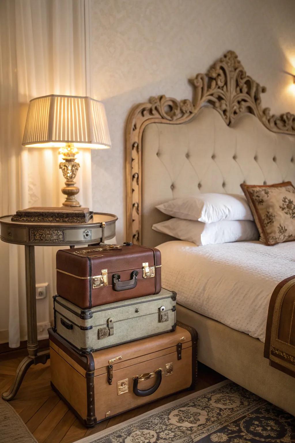 Vintage luggage pieces add style and storage.
