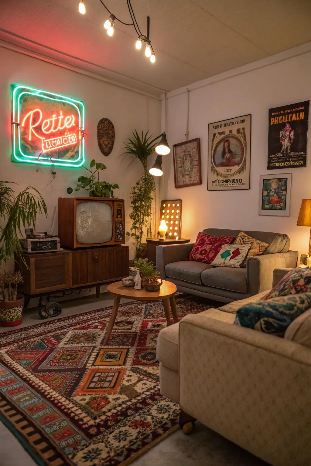Neon accents inject a playful retro vibe.