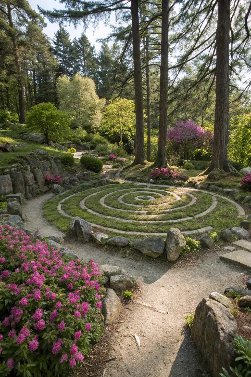 A stone maze introduces charm and intrigue to this garden landscape.