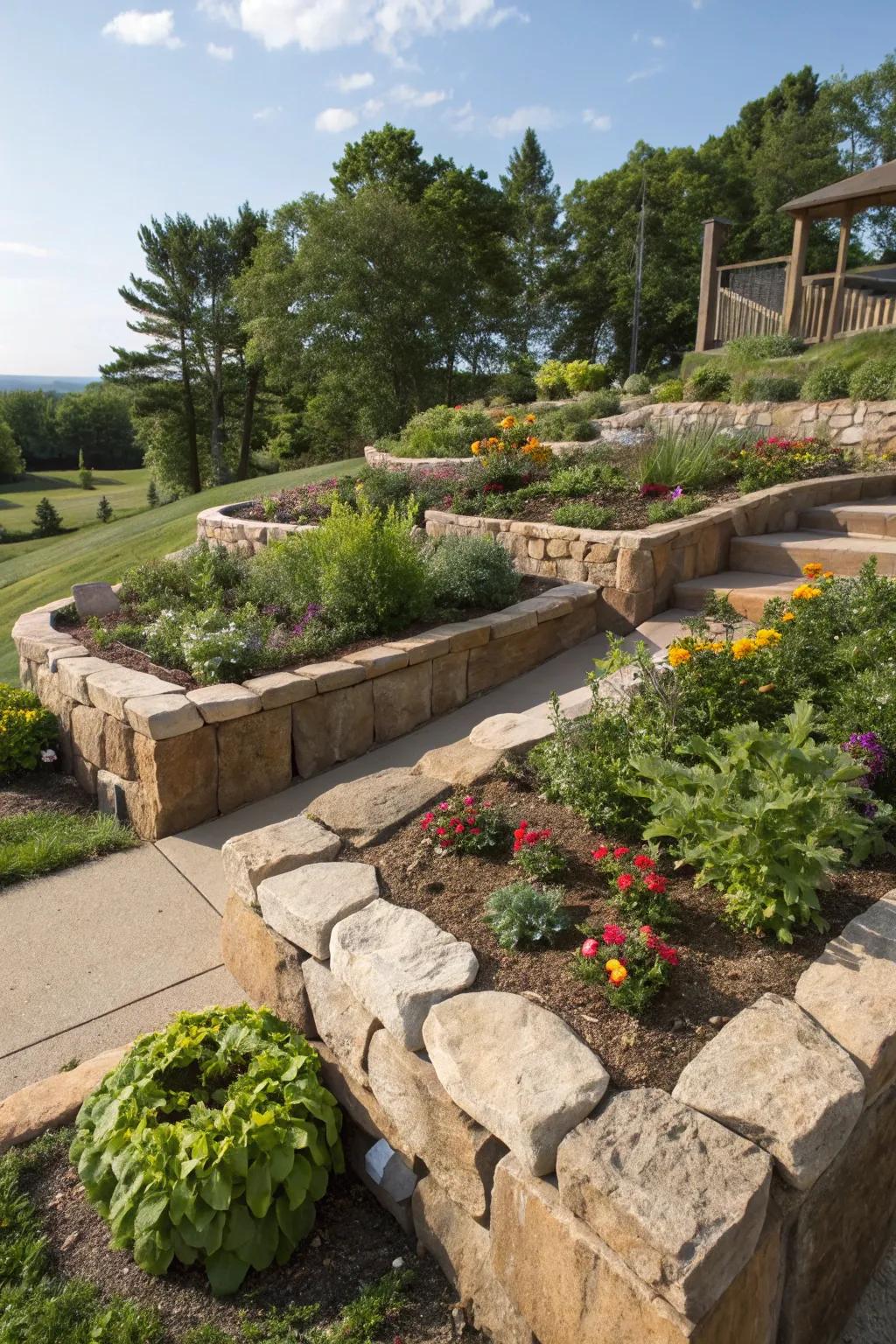 Elevated stone edges bestowing dimension and structure to garden beds.