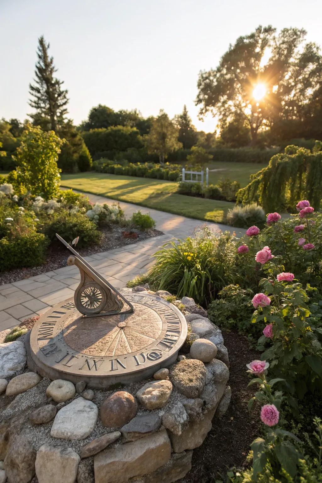 An ornamental stone time keeper coalescing function and splendor in a garden.