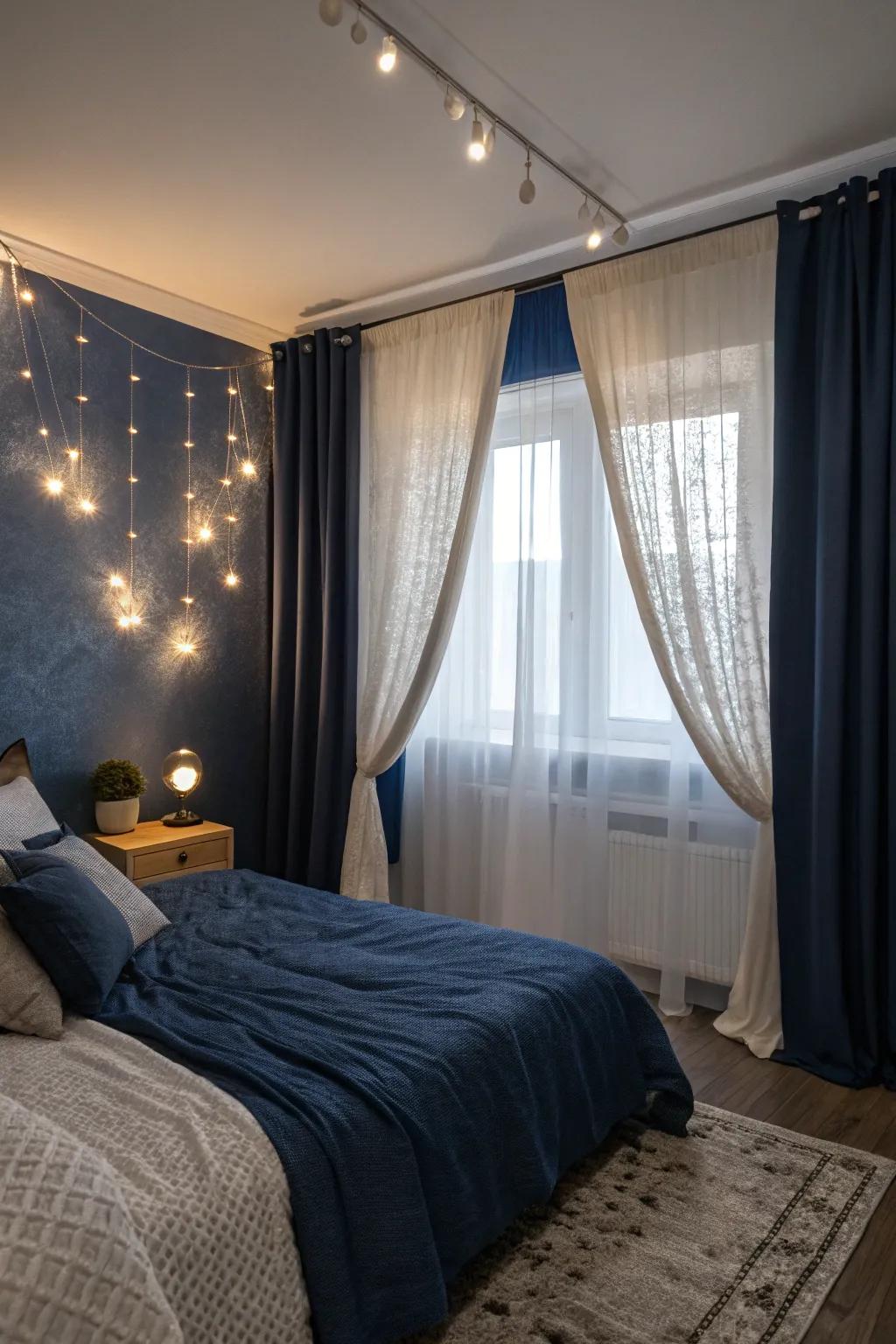 Layered draperies enhance snugness and accommodate illumination governance.