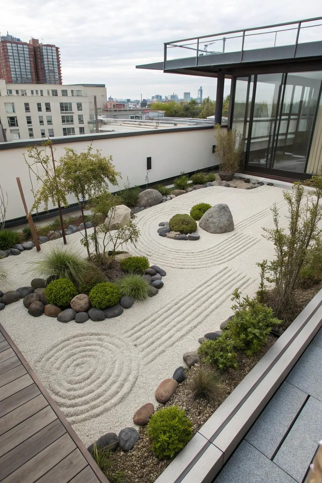 A Zen rock garden furnishes a tranquil and harmonious retreat.