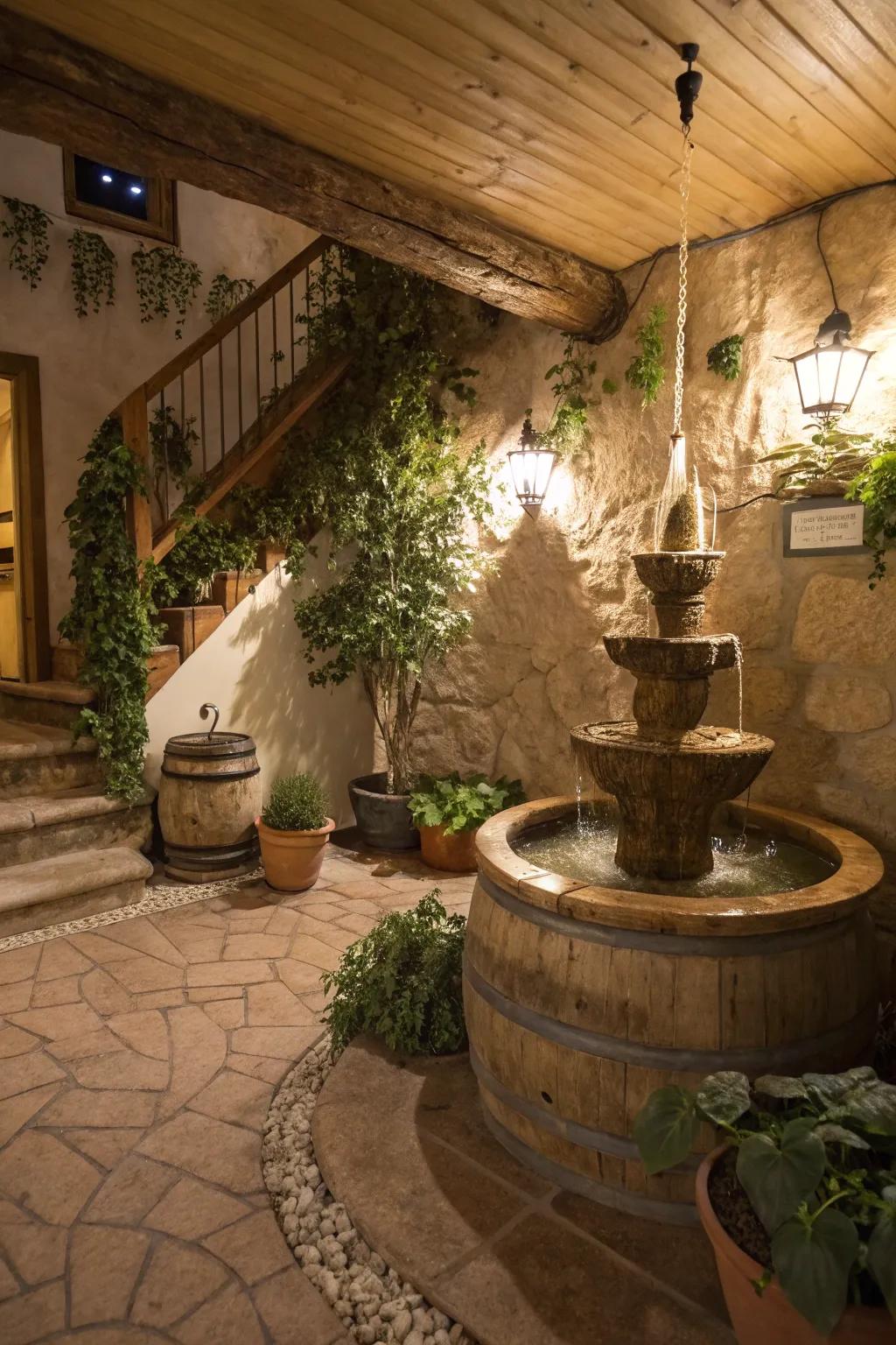 A water feature brings peace to a homespun basement.