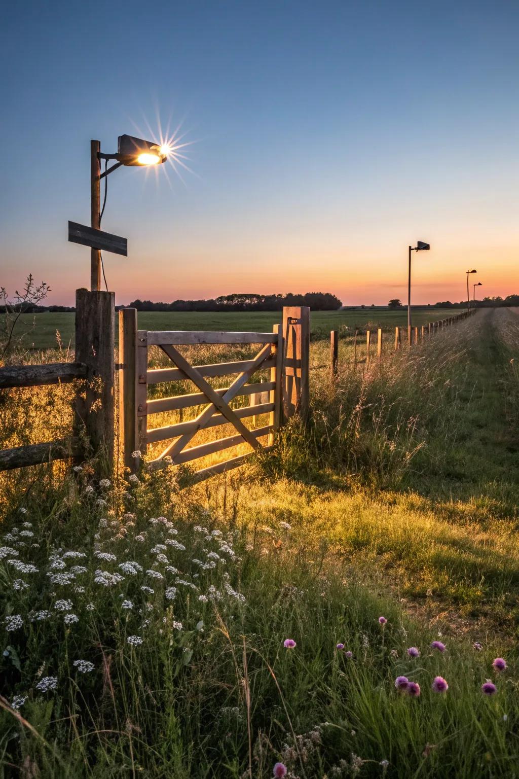A rural portal exquisitely illuminated with solar-fueled illumination.