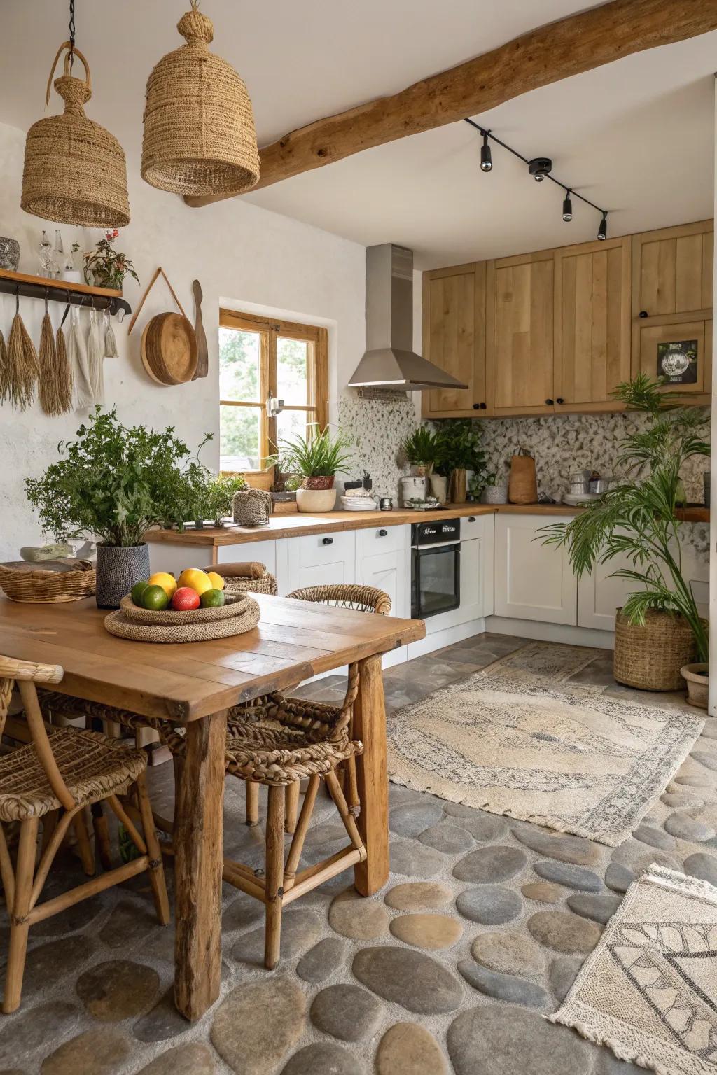 River rock flooring brings an organic, tactile sensation indoors.