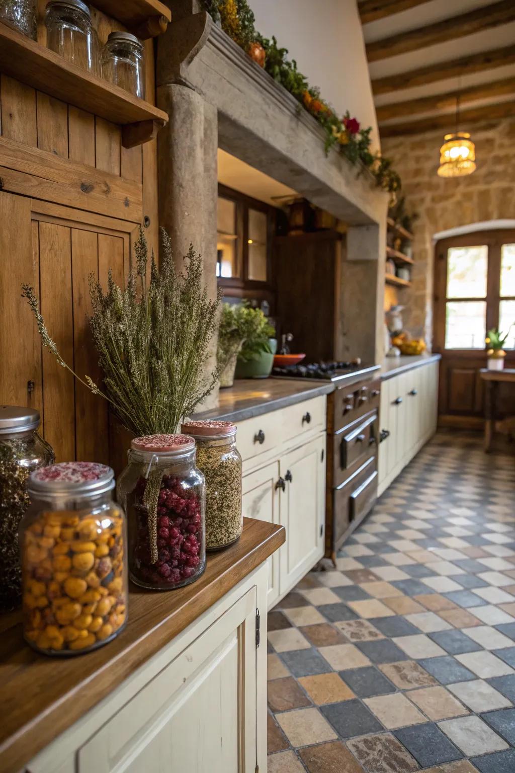 Bottle vases lend charm and practicality to the cooking space.