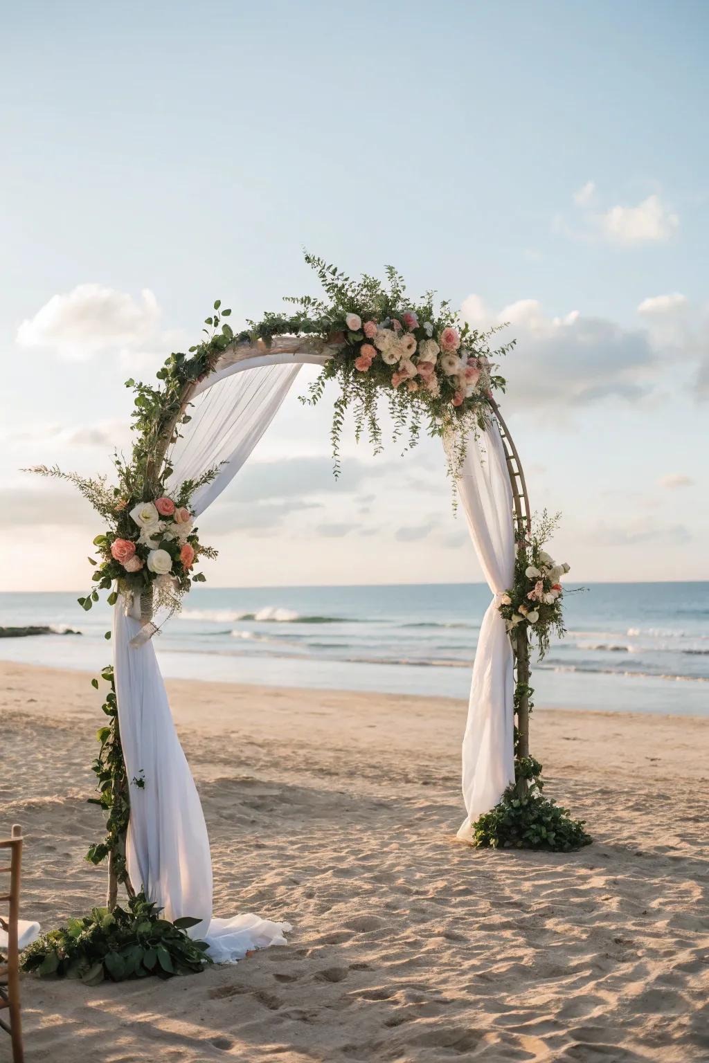 A seemingly floating arch, incorporating a nuance of magic to a seaside ceremony.
