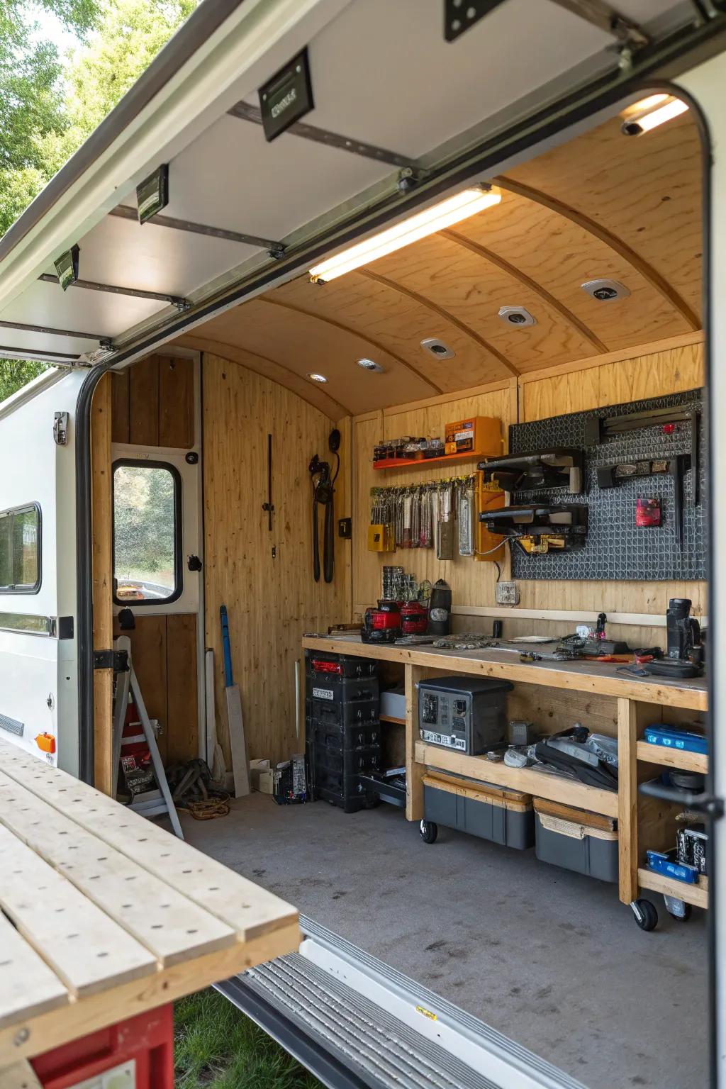 A integrated RV shed, combining storage with creative area.