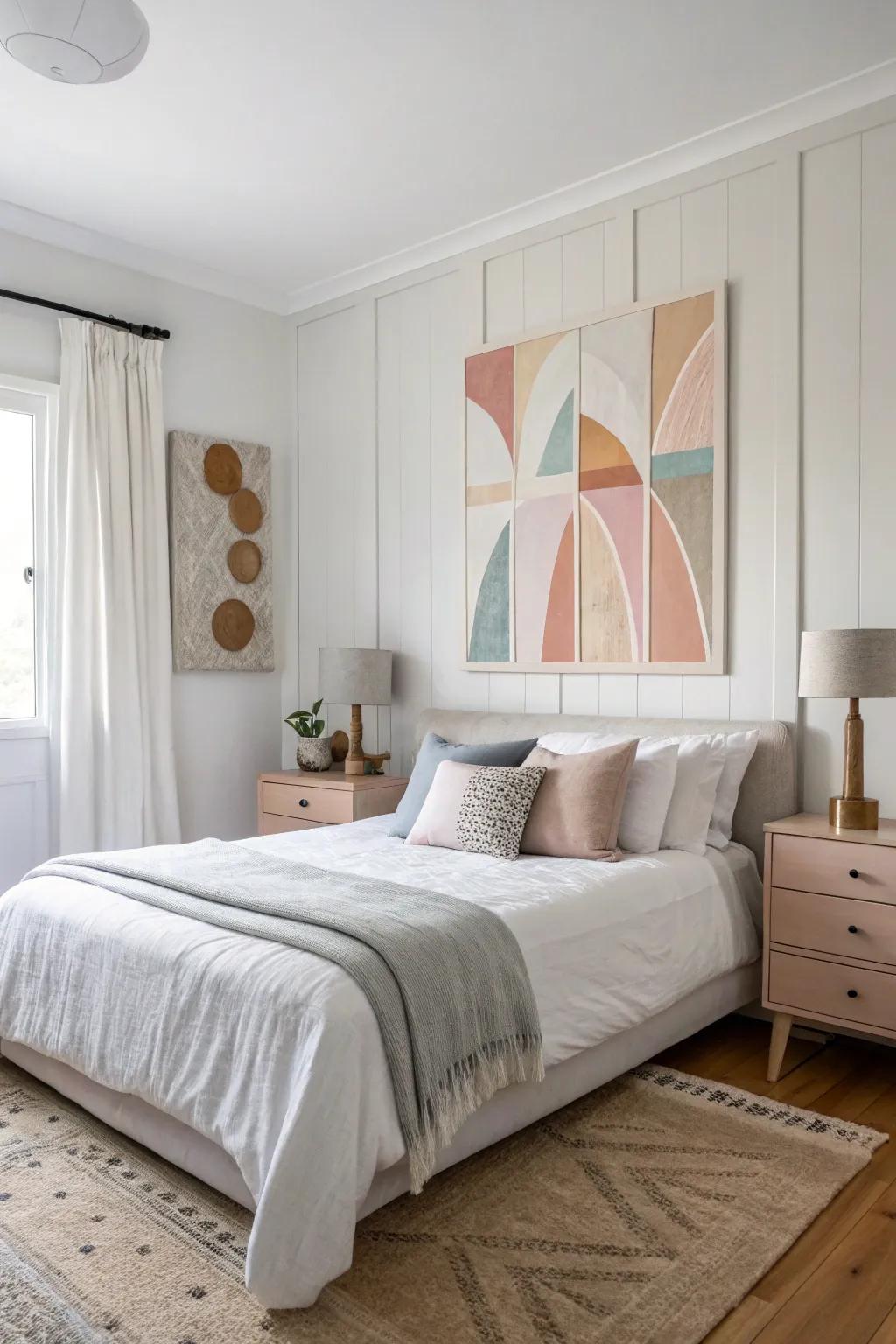 A boudoir showcasing a DIY abstract canvas painting in a Scandinavian style