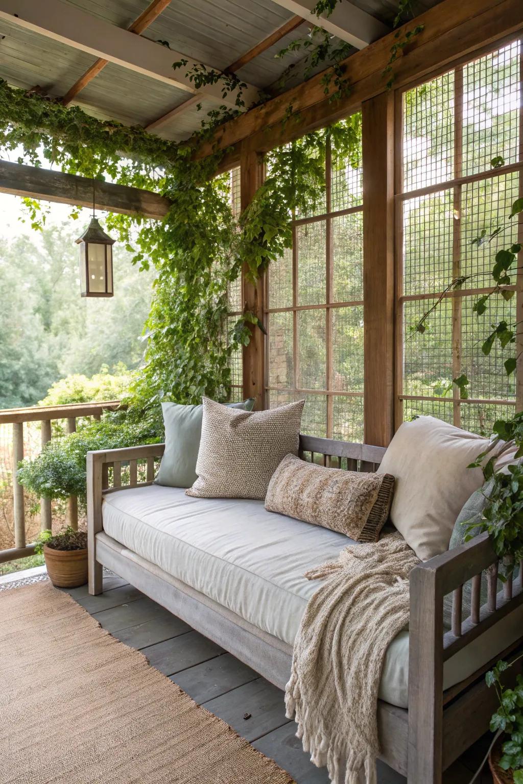 A daybed situated on the porch extends an inviting spot for respites and celestial observation.
