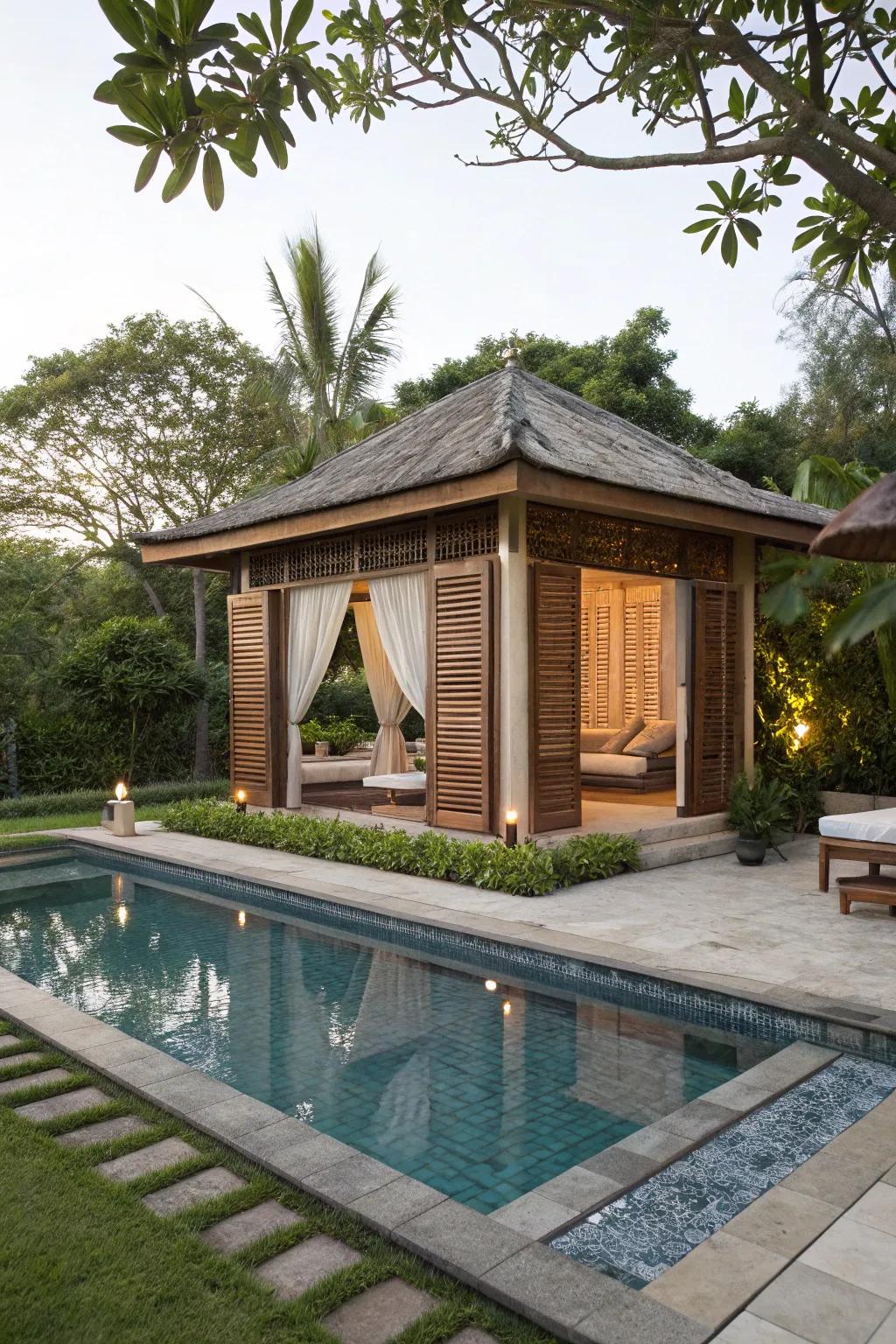 A partially submerged pool featuring a cozy shelter for ultimate relaxation.