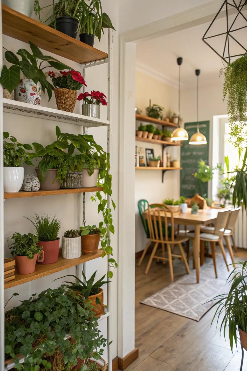 Verdure on shelving incorporates a vivifying fragment into the dining room.