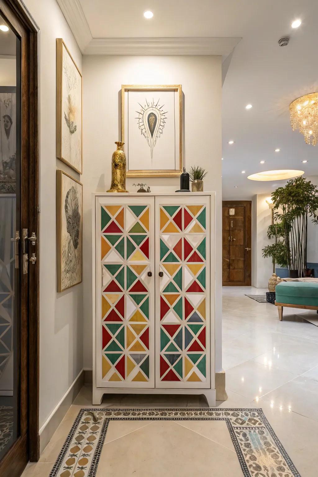 Geometric patterns providing a modern twist to the footwear cabinet.