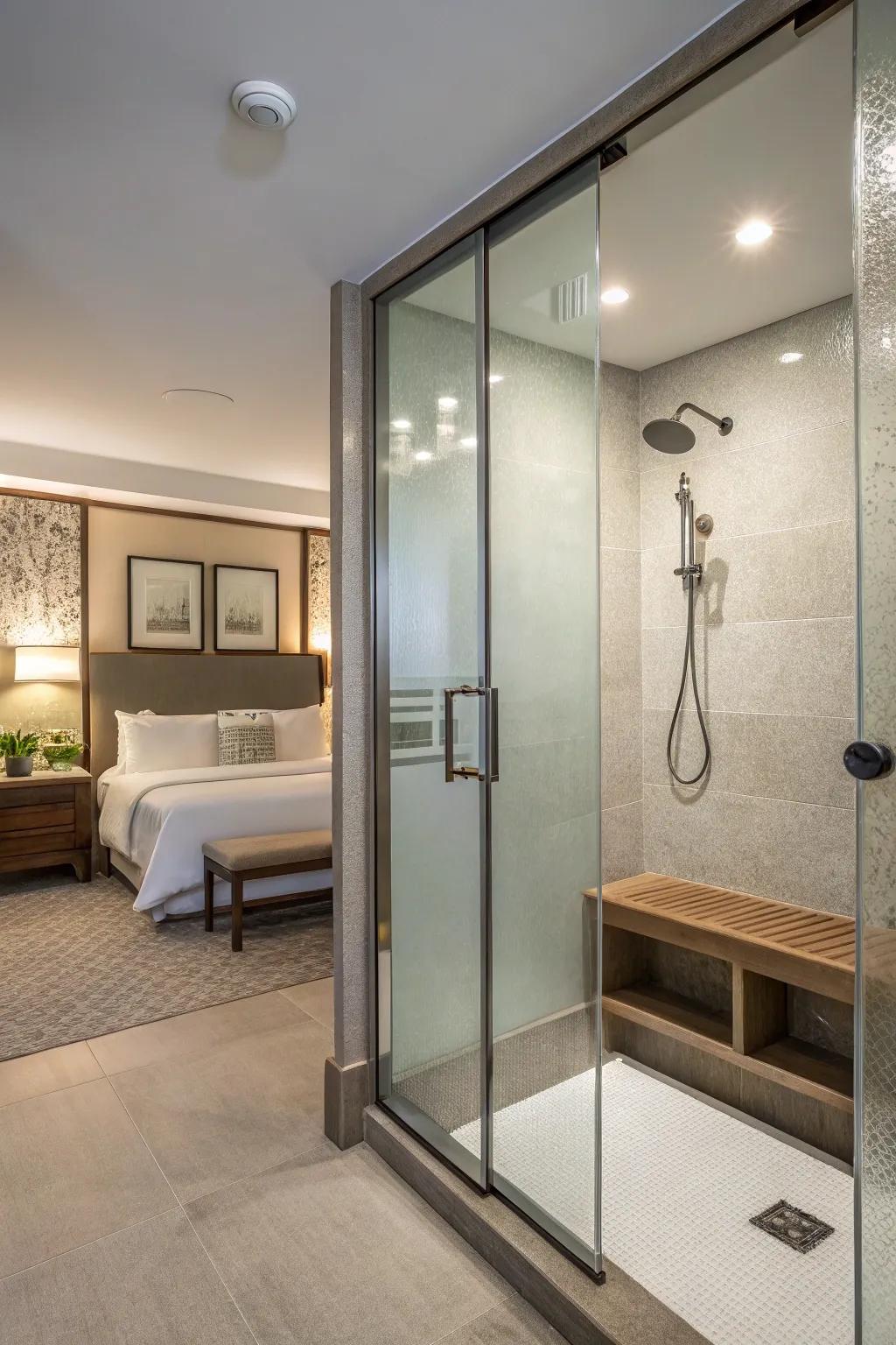 Etched glass presents seclusion and elegance to the shower.