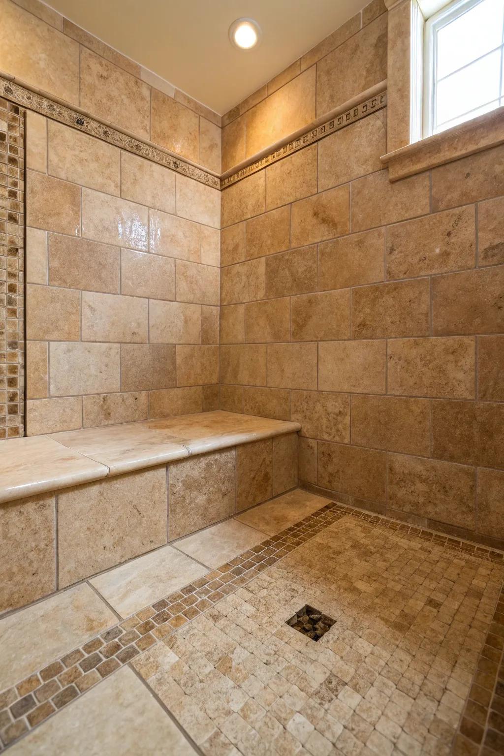 Patterned rock tiles in earthy tones craft a serene, spa-like atmosphere on this shower space.