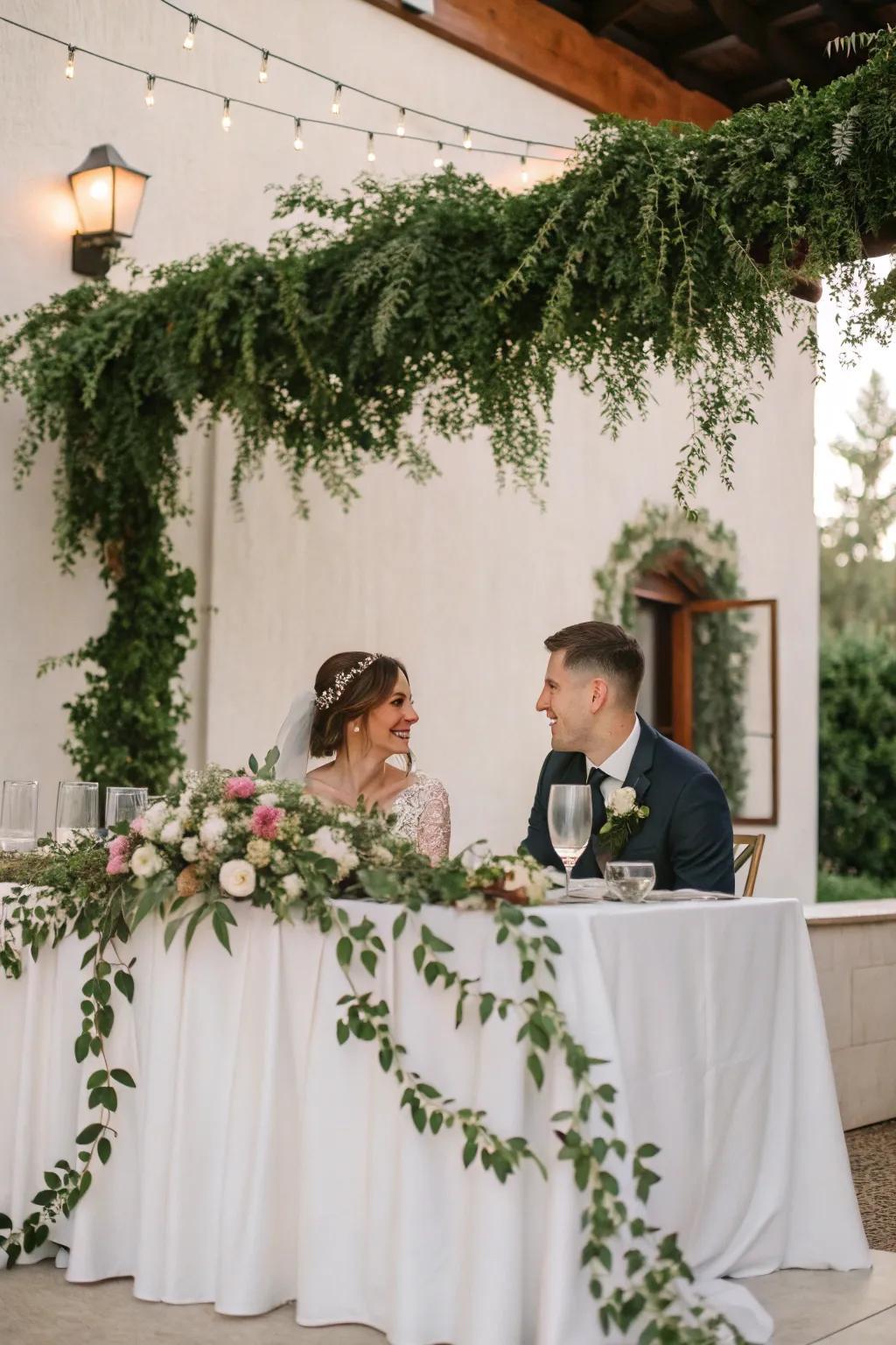 A bride and groom table beautifully draped with opulent greenery.