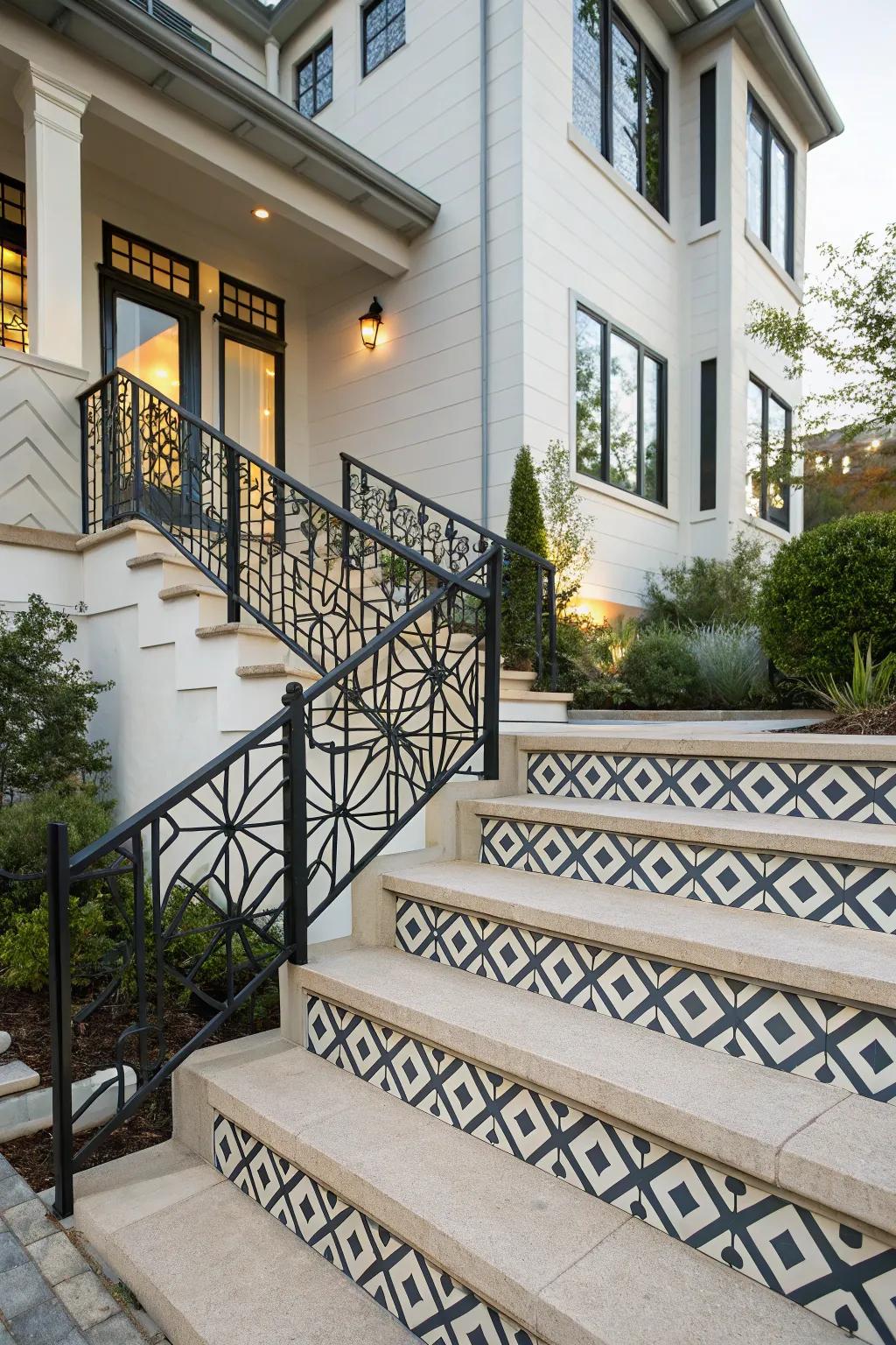 Geometric patterns append a modern fringe to handrail composition.
