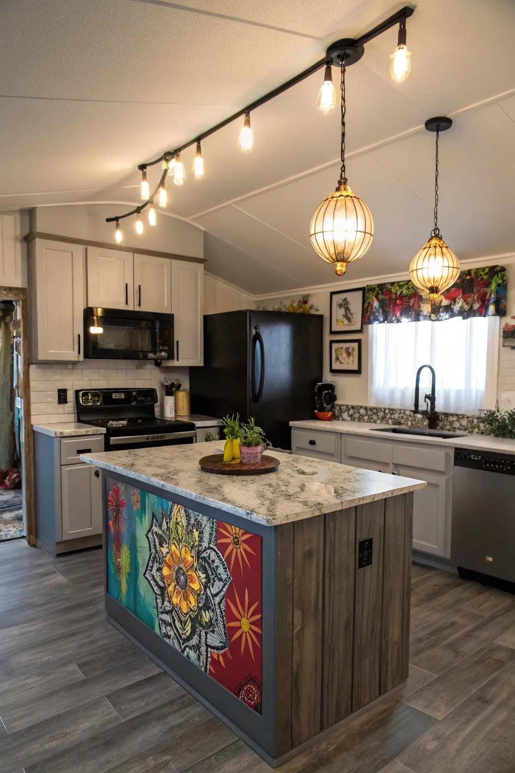 Distinct lighting fixtures create an artistic centerpiece.